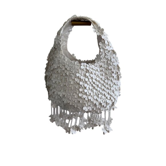 FLORAL White Appliqué Handbag With Beaded Fringe - Picture 5 of 8
